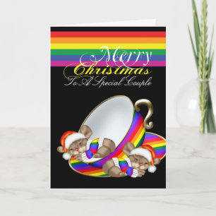 Gay Pride Whimsical Christmas Teacup Mice Holiday Card