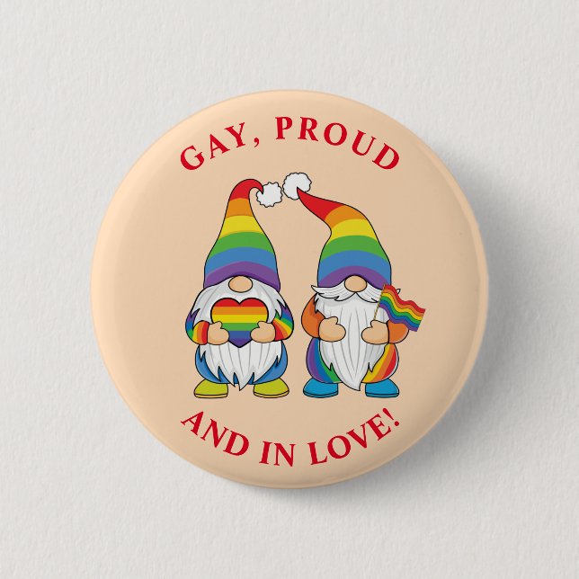 Gay, Proud and In Love - Two Rainbow Boy Gnomes 6 Cm Round Badge (Front)