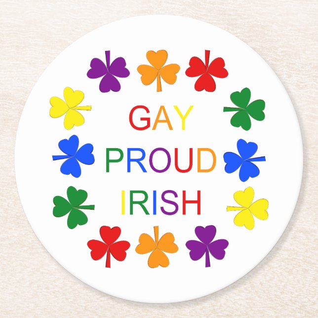 Gay Proud Irish LGBT Rainbow Shamrocks Round Paper Coaster (Front)