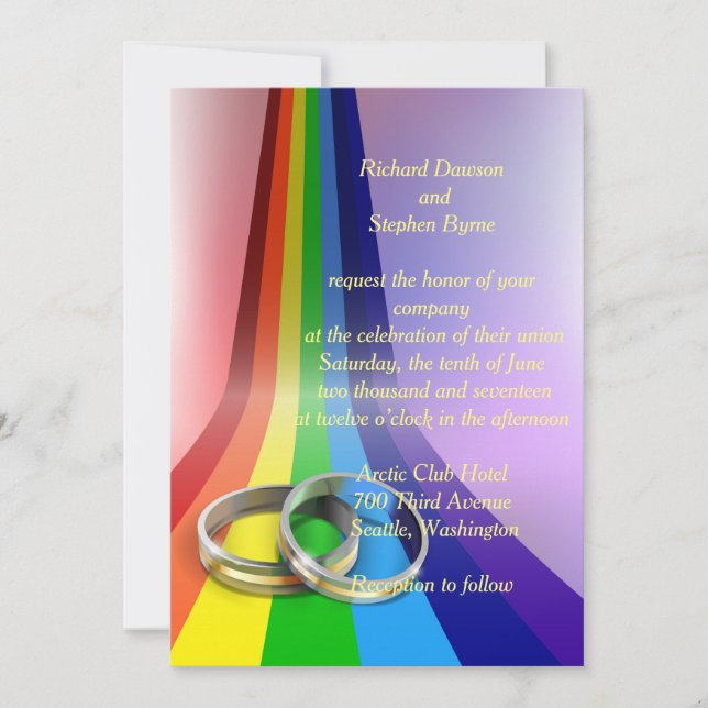Gay Rainbow and Rings Wedding Invitation (Front)