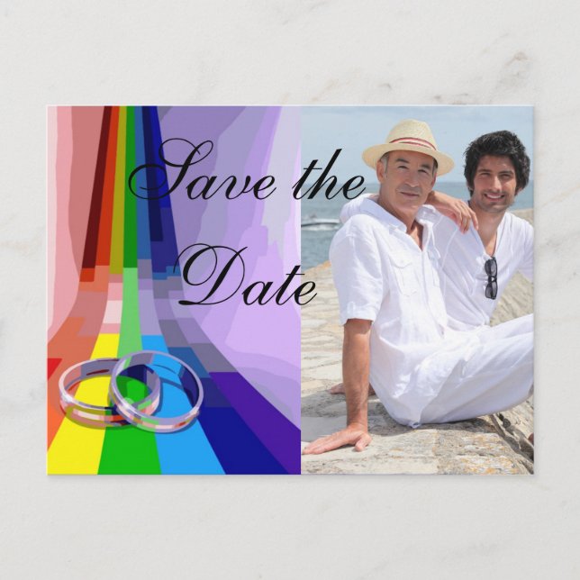 Gay Rainbow and Rings Wedding Save the Date Announcement Postcard (Front)