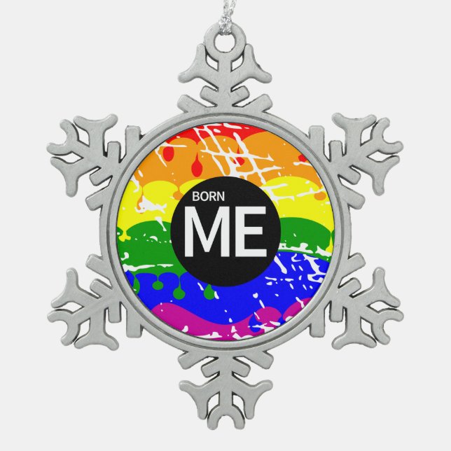 Gay Rainbow Flag Born This Way Snowflake Pewter Christmas Ornament (Front)
