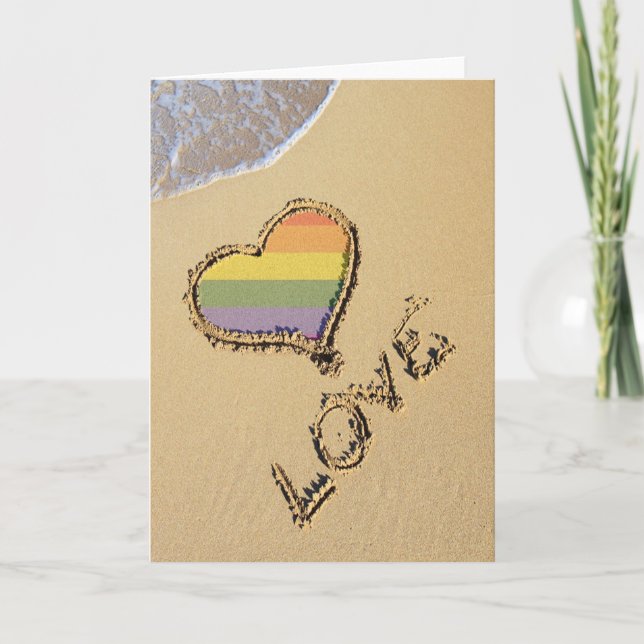 Gay Rainbow Love Heart In The Sand Card (Front)