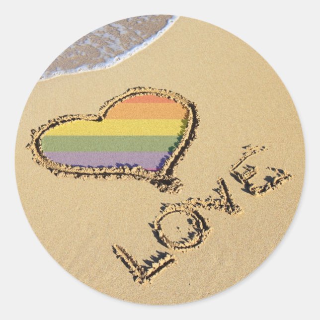 Gay Rainbow Love Heart In The Sand Classic Round Sticker (Front)