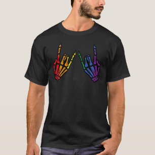 Gay Rocker Skeleton Hands Rainbow Pride Lgbt Rock T-Shirt