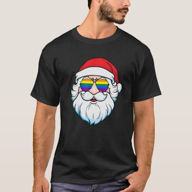 Gay Santa Claus Christmas Rainbow Sunglasses LGBT T-Shirt (Front)