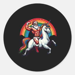 Gay Santa Riding Unicorn Show Muscles Funny Lgbt C Classic Round Sticker