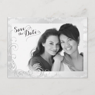 Gay Silver Damask Wedding Photo Save the Date Announcement Postcard
