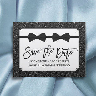Gay Wedding Bow Ties Black Glitter Save the Date Announcement Postcard