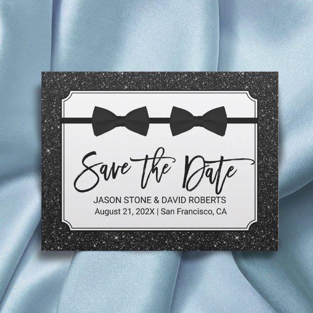 Gay Wedding Bow Ties Black Glitter Save the Date Announcement Postcard (Creator Uploaded)