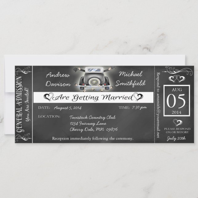Gay Wedding Chalkboard Ticket Style Invitation (Front)