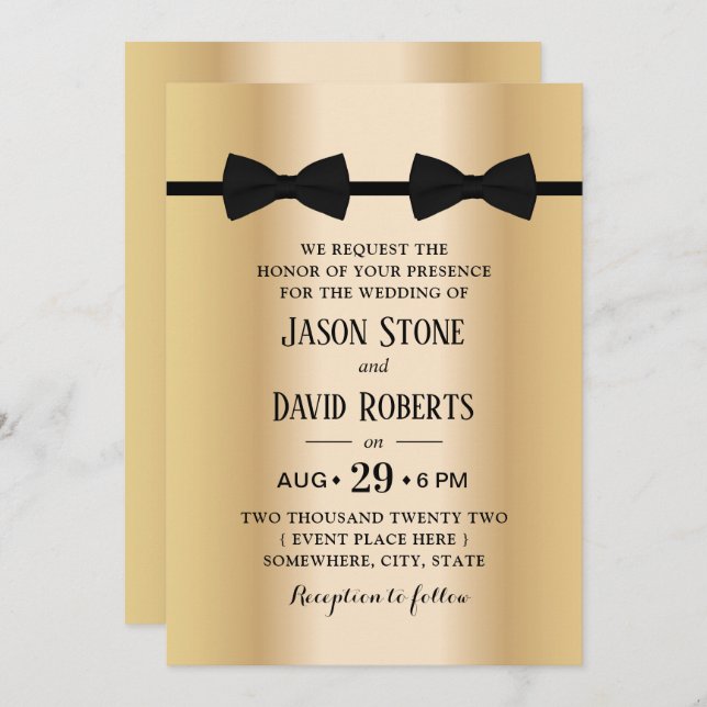 Gay Wedding Double Bow Ties Modern Gold Invitation (Front/Back)