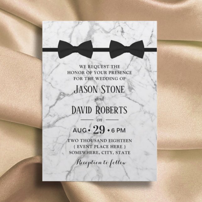 Gay Wedding Double Bow Ties Modern Marble Invitation (Creator Uploaded)
