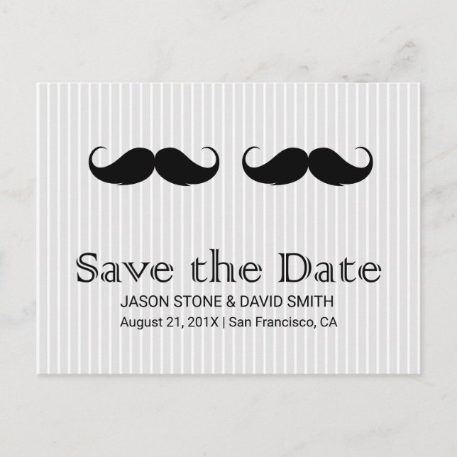 Gay Wedding Double Moustache Save the Date Announcement Postcard (Front)