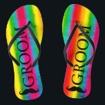 Gay Wedding Groom Moustache Rainbow Stripes Custom Jandals<br><div class="desc">Customise it to change groom to any text,  ie: best man,  groomsman,  that suits you or delete the text if not needed. Fully customisable.</div>