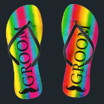 Gay Wedding Groom Moustache Rainbow Stripes Custom Jandals<br><div class="desc">Customise it to change groom to any text,  ie: best man,  groomsman,  that suits you or delete the text if not needed. Fully customisable.</div>