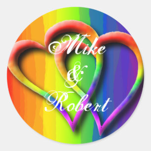 Gay Wedding Hearts LGBT Custom Personalised Names Classic Round Sticker