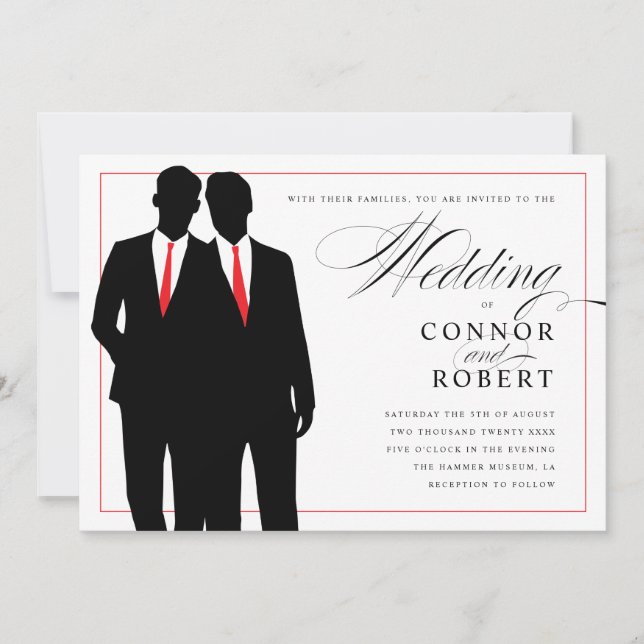 Gay Wedding Invitation Two Grooms Silhouettes Red (Front)
