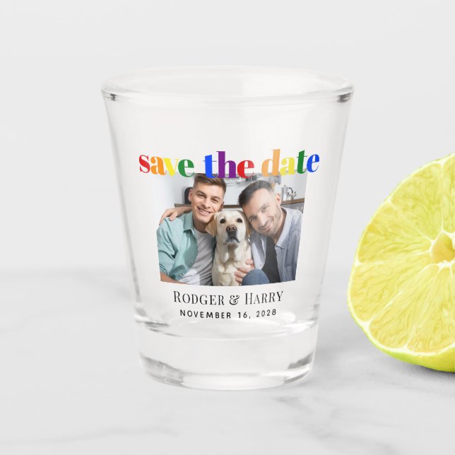 Gay Wedding Photo Save the Date Shot Glass (Front)