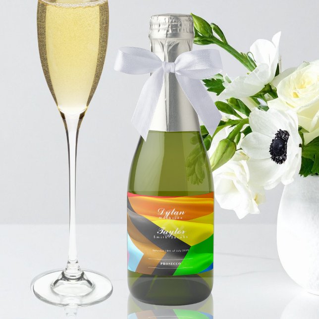  Gay Wedding Pride Flag Typography Mini Sparkling Wine Label (Creator Uploaded)