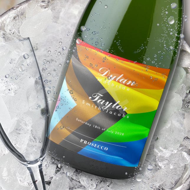  Gay Wedding Pride Flag Typography  Sparkling Wine Label (Creator Uploaded)