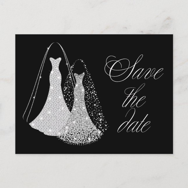 Gay Wedding Save the Date in Black and faux silver Announcement Postcard (Front)