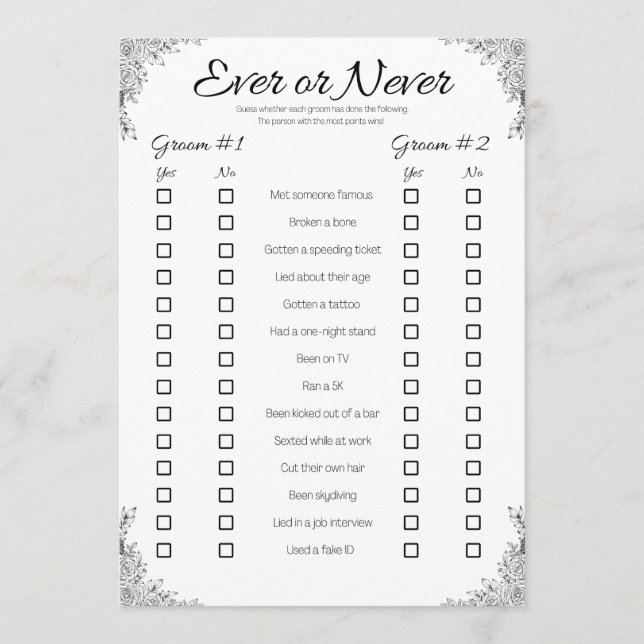 Gay Wedding Shower Game, Ever or Never Invitation (Front)