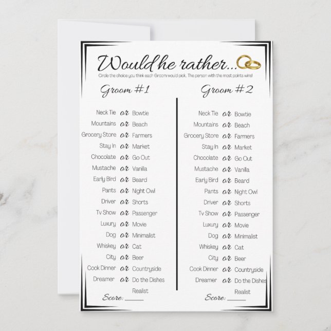 Gay Wedding Shower Game, Would He Rather Invitation (Front)
