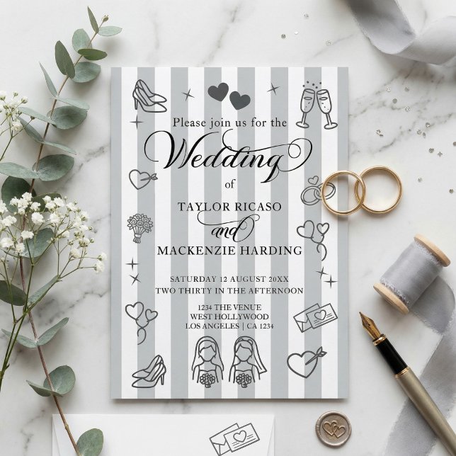 Gay Wedding Two Brides Whimsical Doodles Invitation (Gay Wedding Two Brides Whimsical Doodles Invitation
by Ricaso. Lesbian brides modern and fun)