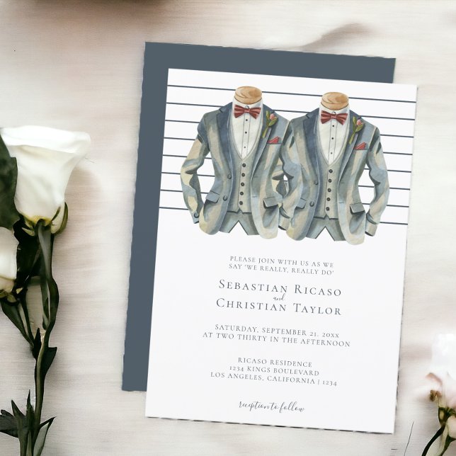 Gay Wedding Two Grooms in Suits and Bow Ties Invitation (Gay Wedding Two Grooms in Suits and Bow Ties Invitations from Ricaso. Same sex wedding invites. )