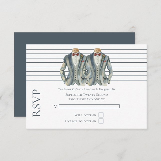 Gay Wedding Two Grooms in Suits and Bow Ties RSVP (Front/Back)