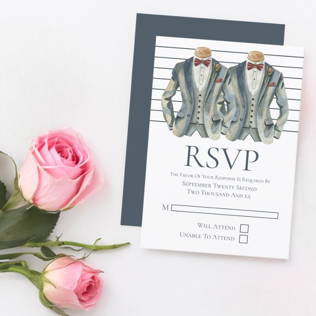 Gay Wedding Two Grooms in Suits and Bow Ties RSVP Card (Gay Wedding Two Grooms in Suits and Bow Ties RSVPs from Ricaso Designed in blue & white. modern RSVP)