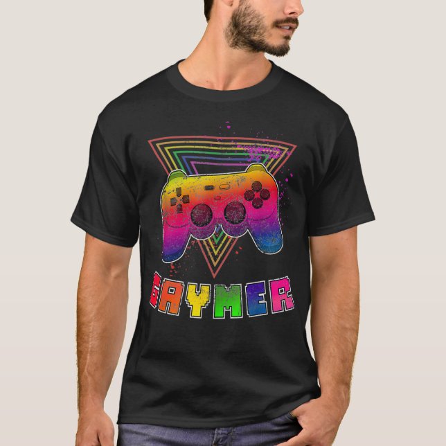 Gaymer LGBTQ Gay Video Gamer Console Rainbow Strip T-Shirt (Front)
