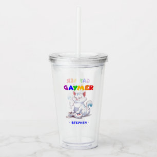 Gaymer - Rainbow Gaming Cat with Console   LGBTQ Acrylic Tumbler