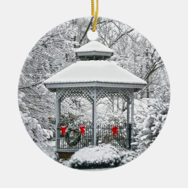 Gazebo in the Snow Ceramic Tree Decoration (Front)