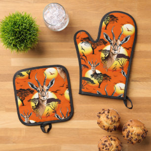Gazelle African Antelope Wild Animal Oven Mitt & Pot Holder Set