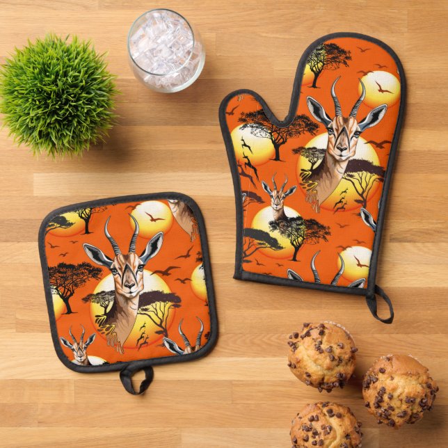 Gazelle African Antelope Wild  Animal Oven Mitt & Pot Holder Set (Top Down)