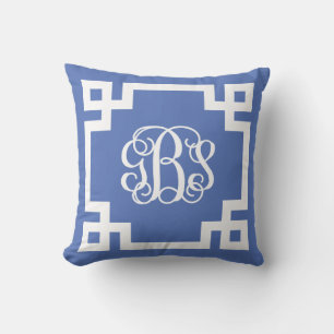 GBS Blue and White Greek Key Script Monogram Cushion