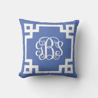 GBS Blue and White Greek Key Script Monogram Cushion
