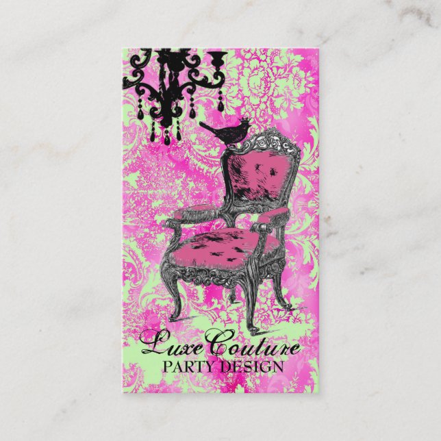 GC | Fabulously French Hot Pink Lime Damask Business Card (Front)