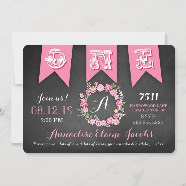 GC Girl First Birthday Banner Chalkboard Invitation (Front)