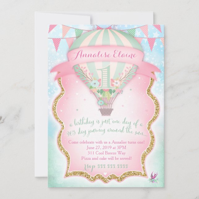GC Hot Air Balloon First Birthday Invitation (Front)