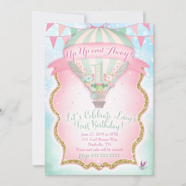 GC Hot Air Balloon First Birthday Lucy Invitation (Front)