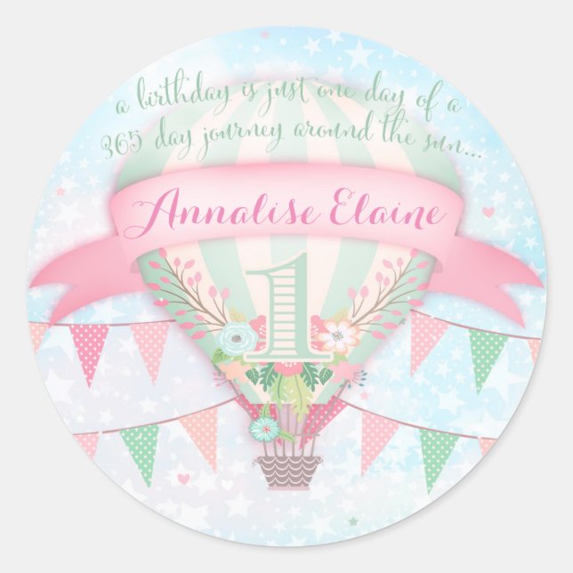 GC Hot Air Balloon First Birthday Sticker Round (Front)