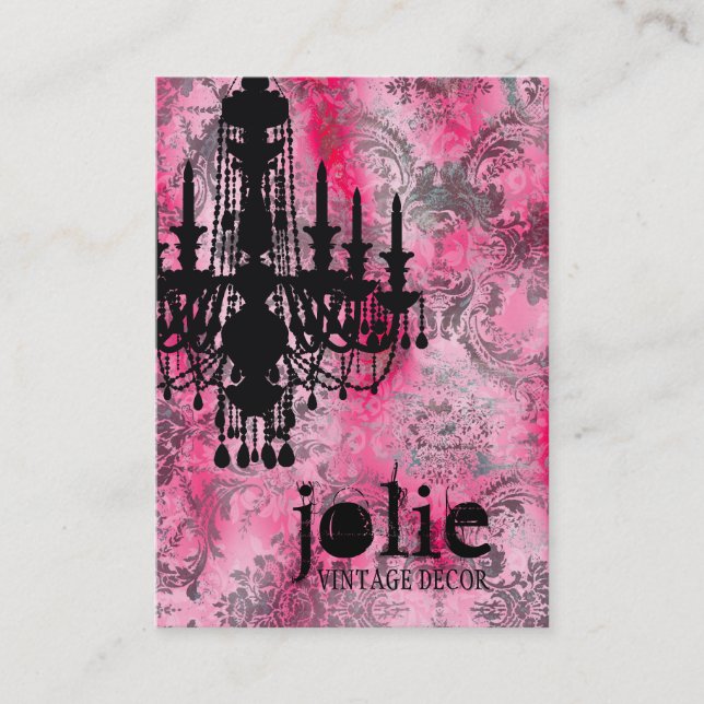GC | Jolie Chandelier Pink Grey Damask Business Card (Front)