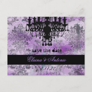 GC Jolie Chandelier Purple Grey Damask Announcement Postcard