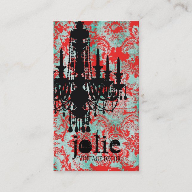 GC | Jolie Chandelier Turquoise Red Damask Business Card (Front)