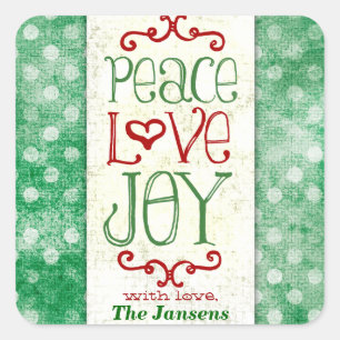 GC Peace Love and Joy Green Red Dots Square Sticker