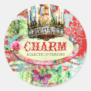 GC Shabby Vintage Charm - Red Turquiose Damask Classic Round Sticker