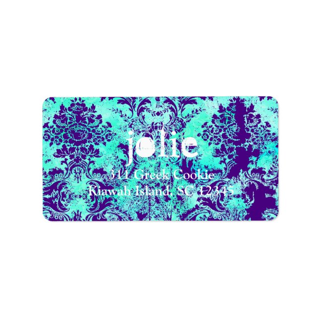 GC |  Vintage Turquoise & Purple Damask Label (Front)